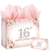 Laidans Sweet 16th Happy Birthday Gift Bag with Tissue Paper and Card for Girls Kids Birthday Par...