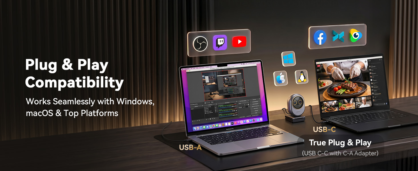 Plug-and-play on Windows and macOS, it works with Zoom, Teams, OBS camera for computer