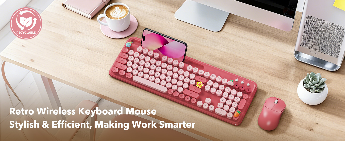 Rose pink retro wireless keyboard and mouse with phone holder for stylish workspaces
