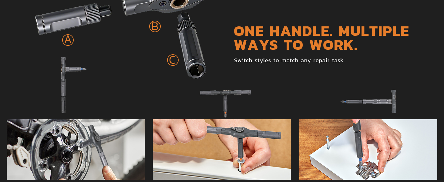 One handle converts into multiple working angles for tight or open spaces.