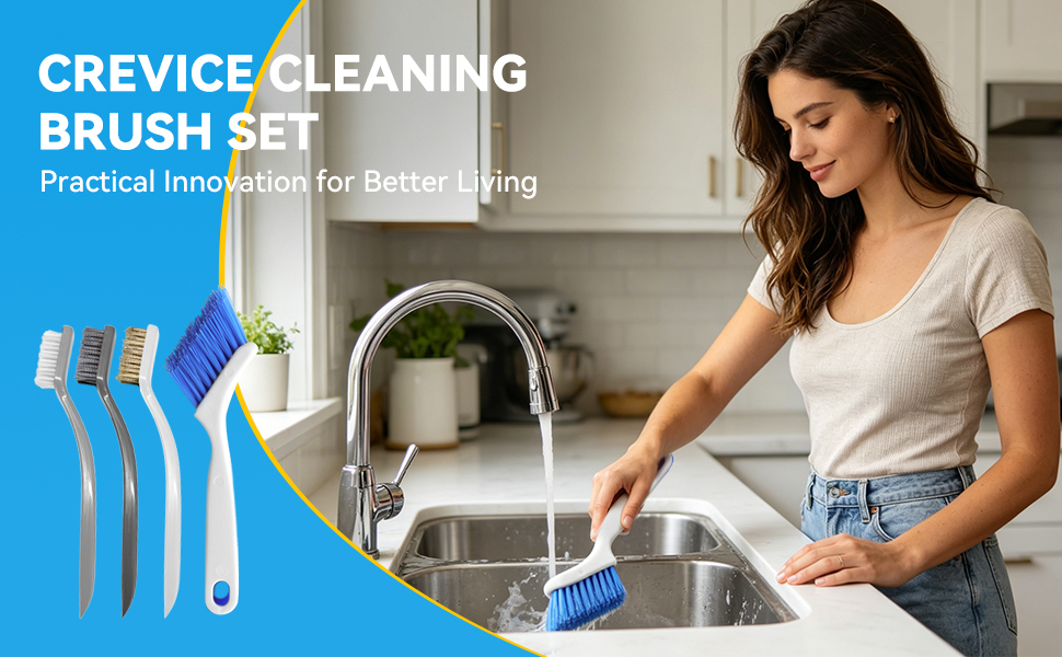crevice cleaning brush set of 4, includes 3 cleaning brushes and 2-in-1 window & door track brush