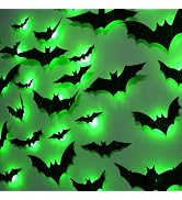 DR.DUDU 36 Pack Bats Halloween Decorations- Light Up Bat Wall Stickers with Green LED, 3D Removab...