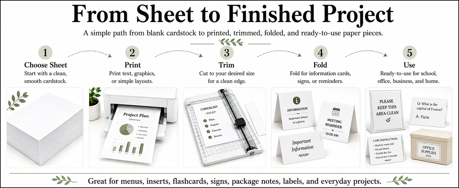 White cardstock paper from printing to finished menus, inserts and labels