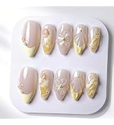 Yellow French Tip Press On Nails Medium Almond Fake Nails with 3D Flower Pearl Design, Elegant Fr...