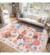 Pink/Beige Washable Area Rug 8x10, Large Soft Rugs for Living Room Floral Carpet 8x10 Area Rugs f...
