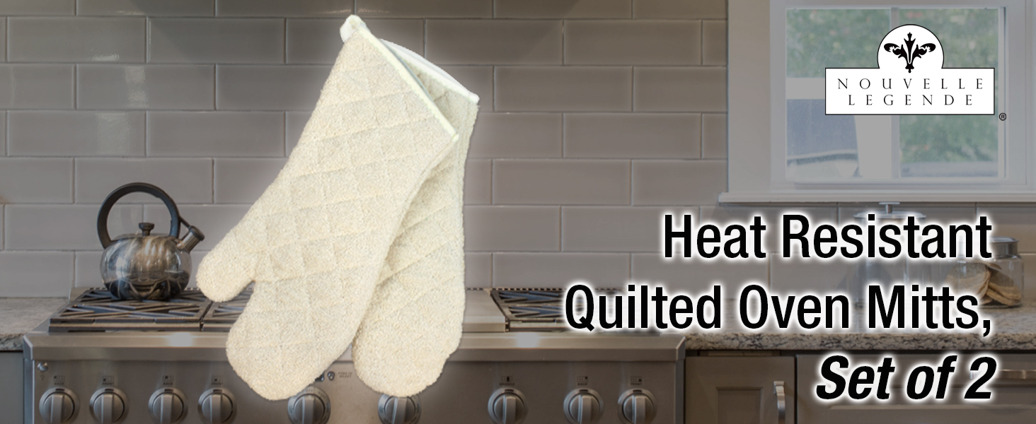 Nouvelle Legende Cotton Quilted Terry Oven Mitts Long Lasting Heat Resistance Protection, 17 Inches