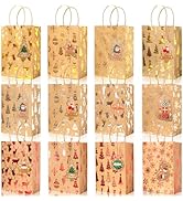 12 Pack Christmas Gift Bags Bulk, Small Size 8.3"x5.9"x3.2" Gold Foil Kraft Paper Bags with Handl...