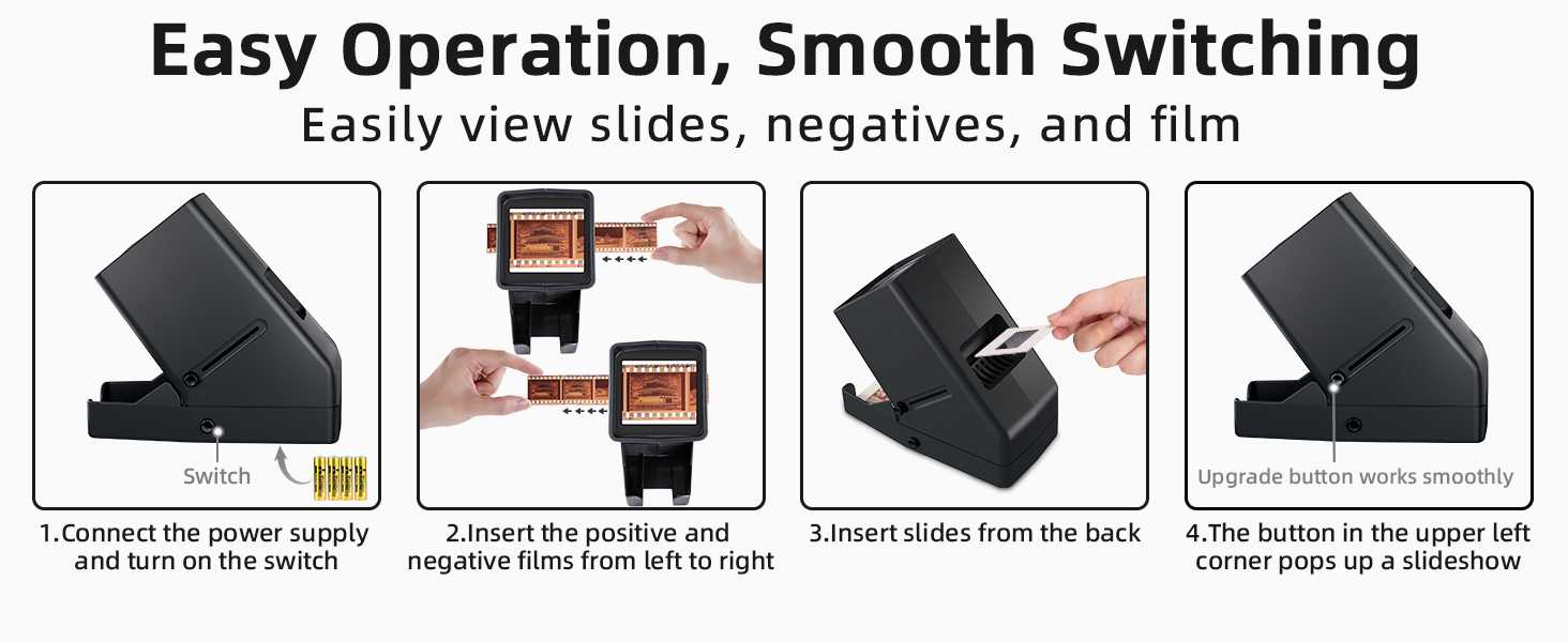Easy operation with smooth switching for viewing slides, negatives, and film.