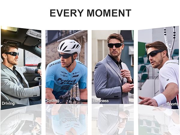 Four lifestyle images showing sunglasses being worn during different activities: driving, cycling, business, and sports. Text reads 'EVERY MOMENT'.
