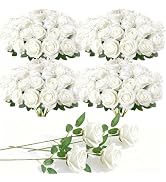100 Pcs Fake Roses Bulk White Artificial Flowers, Artificial Velvet Silk Roses Bouquet with Stems...