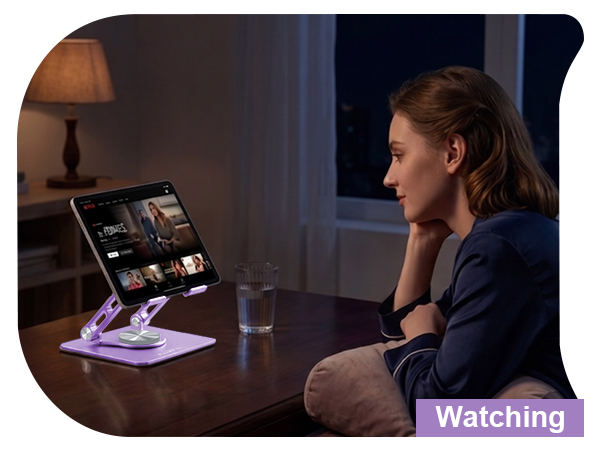 Rotating tablet stand for movies, streaming videos and relaxing after a long day at night