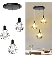 LTBLIGHT 3-Light Adjustable Industrial Pendant Lighting Matte Black Metal Round Chassis Cage Farm...