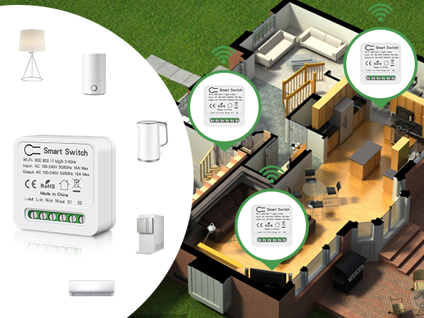 Smart switch system diagram showing wireless control device with CE certification and house floor plan layout demonstrating multiple connection points.