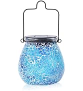 Bshine Mosaic Solar Lantern Outdoor Hanging Waterproof, Fragmented Glass Blue Mosaic Light Valent...