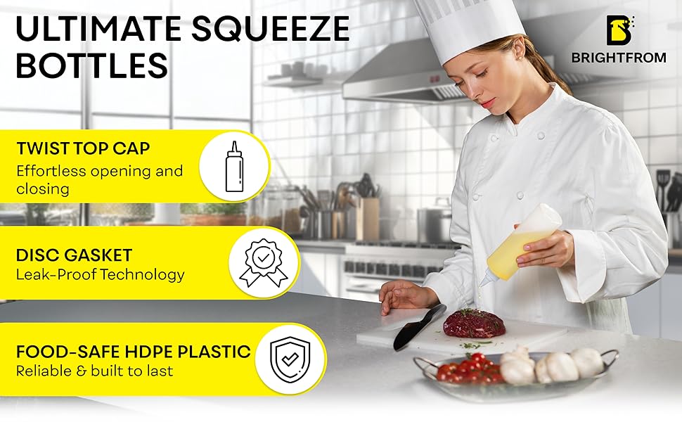 cook using the squeeze bottle, ultimate bottles, twist top cap, disc gasket - leak-proof technology