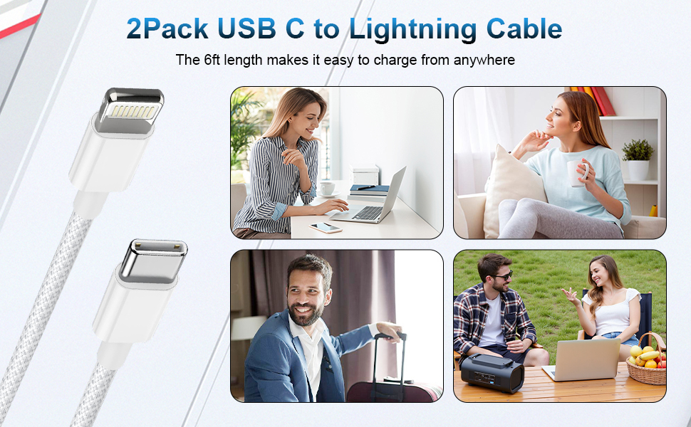 Text reads '2Pack USB C to Lightning Cable'. Product images show white charging cables with various usage scenarios including desk and car charging setups.