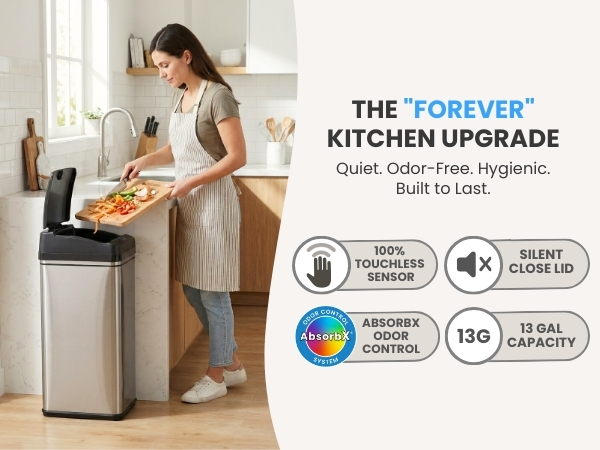 iTouchless stainless steel sensor kitchen trash can with soft-close lid and odor filter