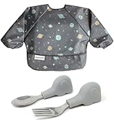 Tiny Twinkle Mess-proof Full Sleeve Bib and Toddler Utensils Bundle
