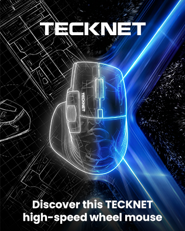 Text reads "TECKNET" and "Discover this TECKNET high-speed wheel mouse". Translucent computer mouse with blue neon lighting effect against circuit board background, promotional gaming mouse product image.