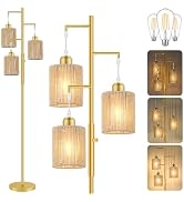Hotsonic 72" Tall Boho Rattan Style Floor Lamp with Hand-Woven Paper Cord Shade, Dimmable Industr...
