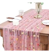 Joanlody Blushing Pink Embroidery Daisy Spring Summer Table Runner Florals Seasonal Easter Tulle ...