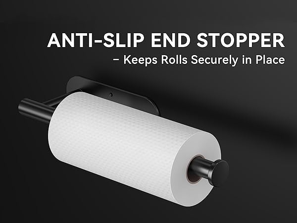 Black paper towel holder with end stopper to prevent paper roll from sliding off