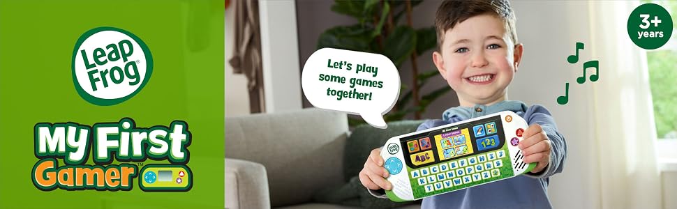 Kid excitedly holds up his LeapFrog My First Gamer. Toy says: Let’s play some games! 3+ years.