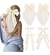 6PCS Silk Satin Hair Bows Hair Clip Long White Hair Ribbon Bow Hair Bow Clips Variety Style for W...