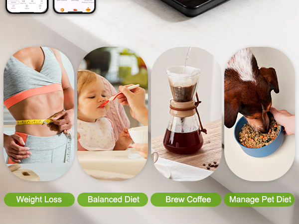food scale with nutritional calculator for weight loss, balanced diet, brew coffee, manage pet diet
