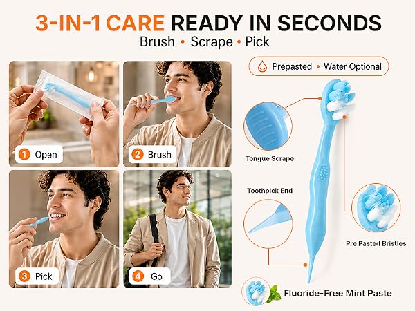 TuckPoki 3-in-1 toothbrush showing prepasted bristles, tongue scraper, toothpick, and use steps.