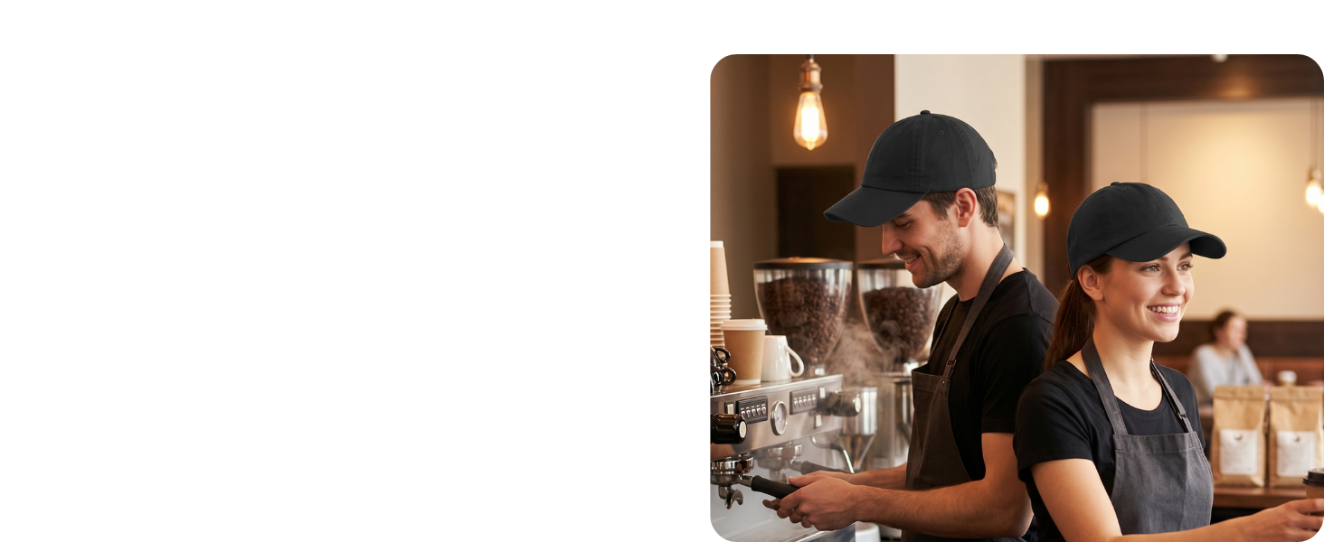 two café staff wearing matching plain blank all-black unstructured dad hats as team uniforms.