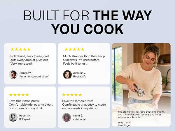Five star reviews describe a stainless steel lemon squeezer with a grip that cleans easily.