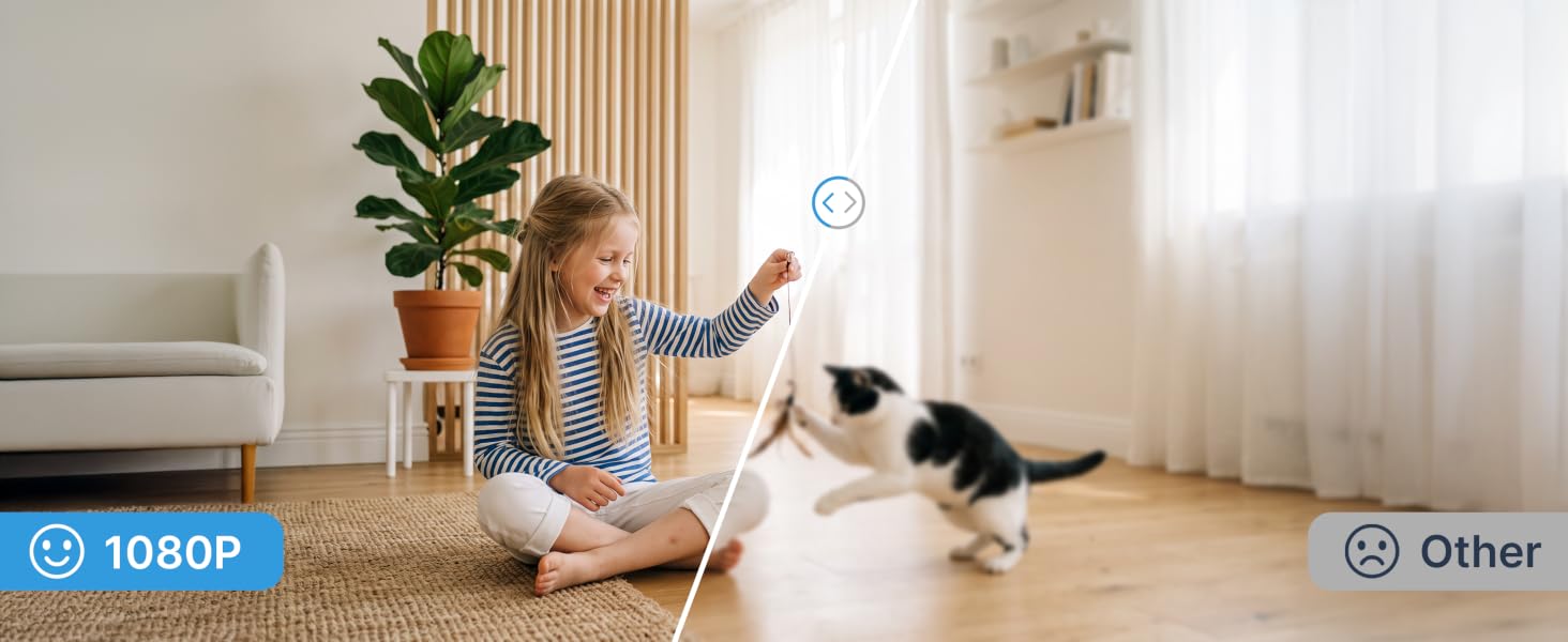 Child and cat in a split-screen comparison of 1080p and lower image quality