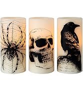 Eldnacele Halloween Flickering Candles with Skull, Spider Web, Crow Raven Decals Set of 3, Batter...