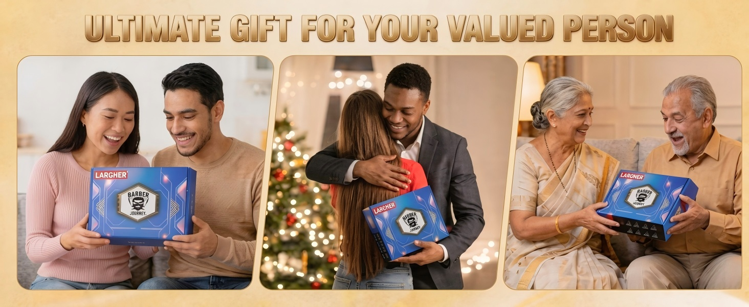 Text reads 'ULTIMATE GIFT FOR YOUR VALUED PERSON.' Three photographs showing people holding blue square gift boxes during various occasions: indoor celebration, holiday setting, and casual family moment.