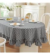 Wolkemer Black and White Gingham Ruffled Oval Tablecloth, 60x84 Inch | Washed Cotton Buffalo Plai...