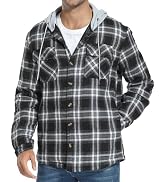 PEGENO Men's Long Sleeve Plaid Button Quilted Lined Flannel Shirt Jacket with Hood