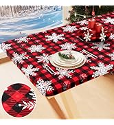 Smiry Buffalo Plaid Snowflake Picnic Tablecloth, Waterproof Elastic Fitted Table Covers for 6 Foo...
