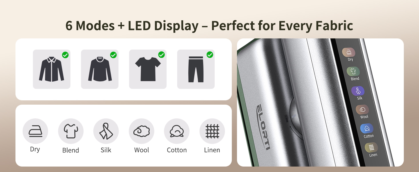 handheld garment steamer for clothes, 6 professional modes, large LED, safe on all fabric types