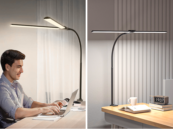 Modern LED desk lamp with flexible neck and slim design, shown in two views - in use on desk and product detail shot.