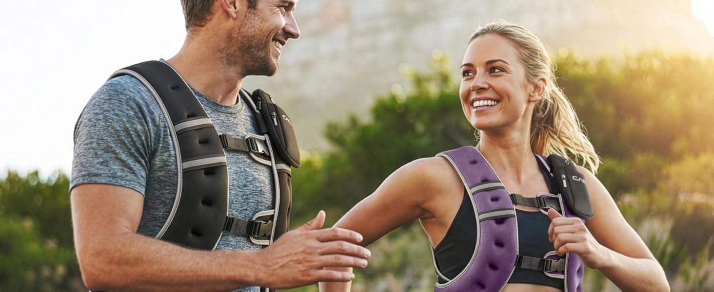 man and woman walking and hiking with CAP weighted vest