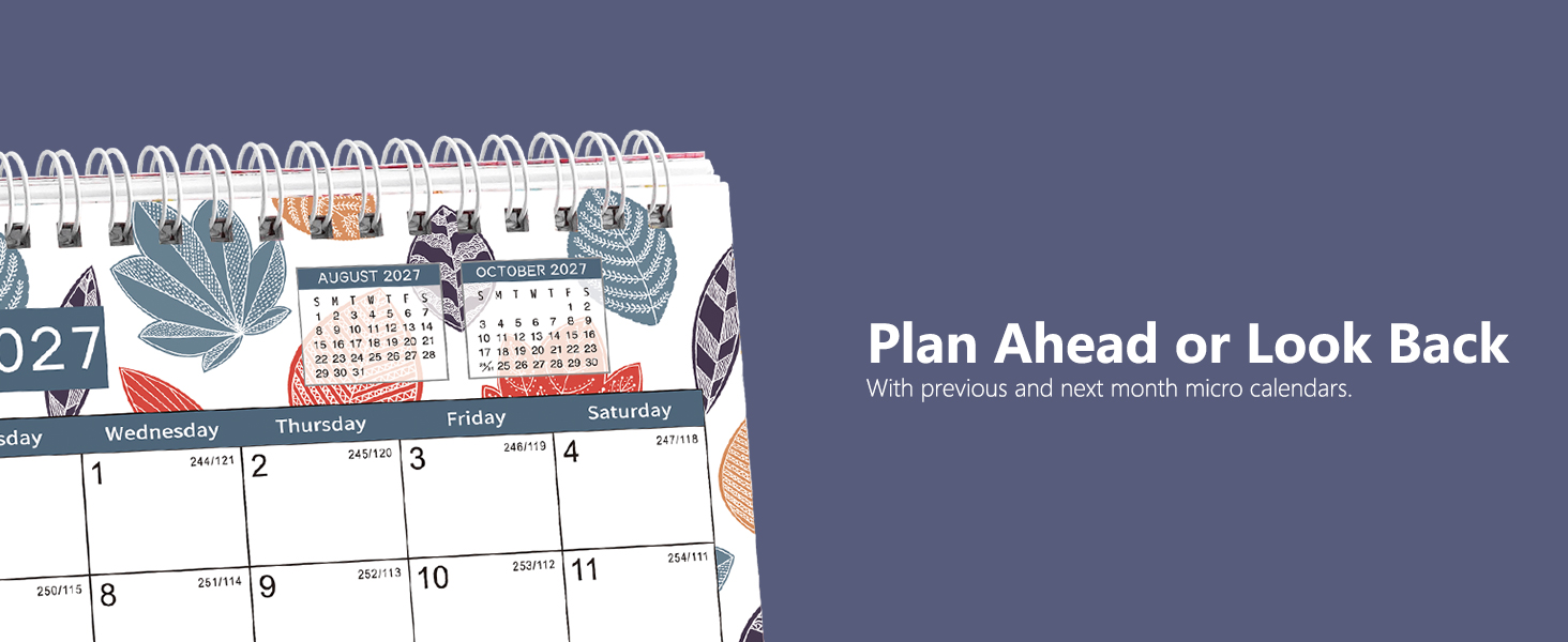 Text reads 'Plan Ahead or Look Back'. Calendar or planner pages showing grid layout with dates and planning sections.