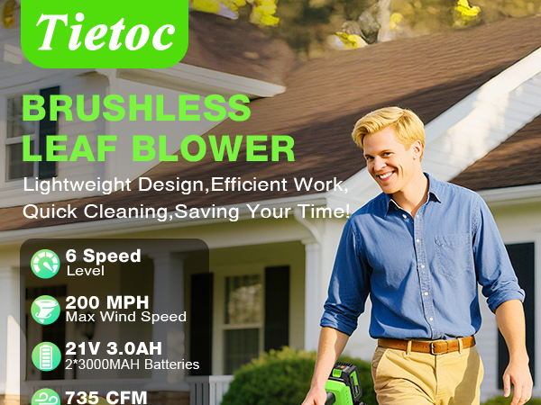Tietoc Leaf Blower Cordless, 735CFM/200MPH Brushless Electric Leaf Blower