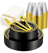 ISFANGCO 350 PCS Black and Gold Dinnerware for 50 Guests,Gold Rimmed Heavy Duty Plastic Disposabl...