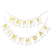 White Golden Happy Birthday Banner Sparkle Bunting Signs Birthday Party Supplies for Birthday Par...