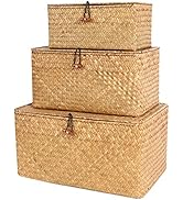 FEILANDUO Wicker Shelf Baskets with Lids, Seagrass Storage Baskets Bins Rectangular Woven Baskets...