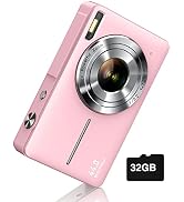 Camkory Digital Camera FHD 1080P with 32G Card 16X Zoom Easy for Kids Pink | Compact camera with ...