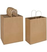 Oikss 50 Pack 10x5x13 Plain Natural Brown Kraft Paper Bags with Handles Bulk for Birthday Party F...