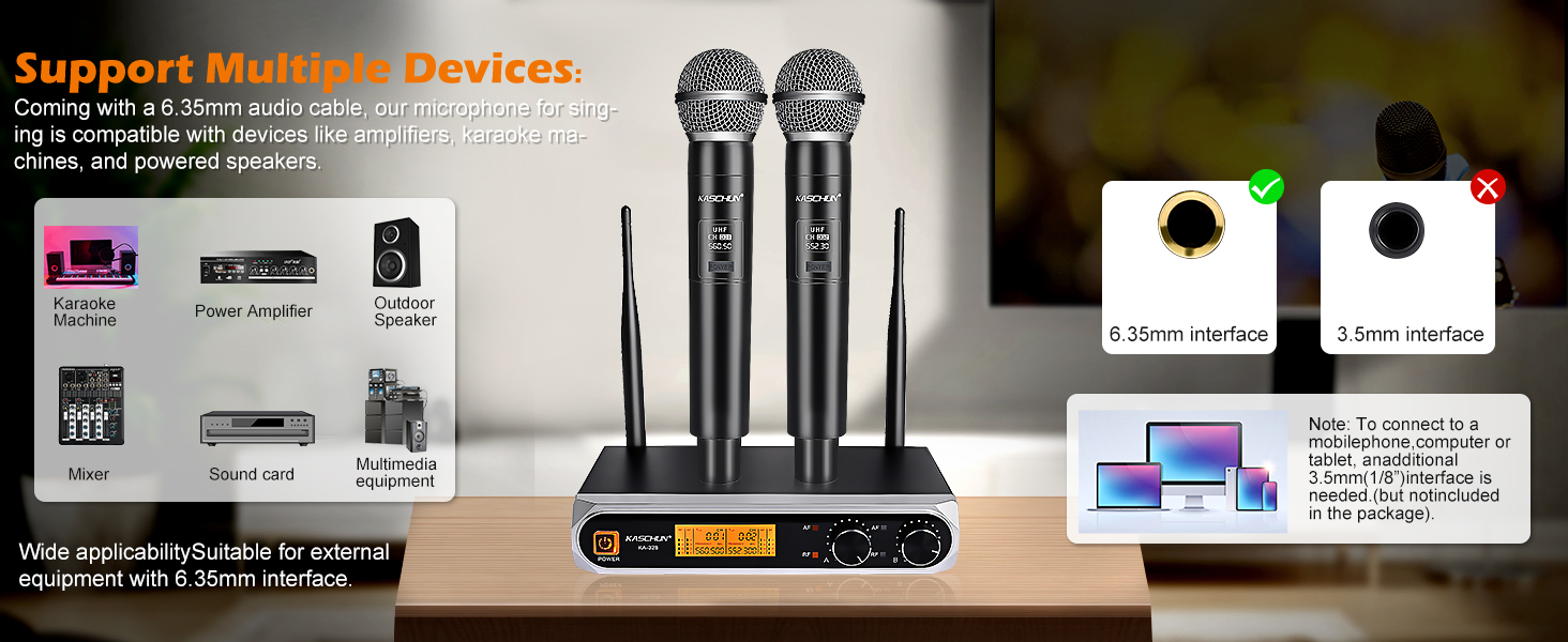 Wireless microphone system compatible with speaker, amplifier and mixer