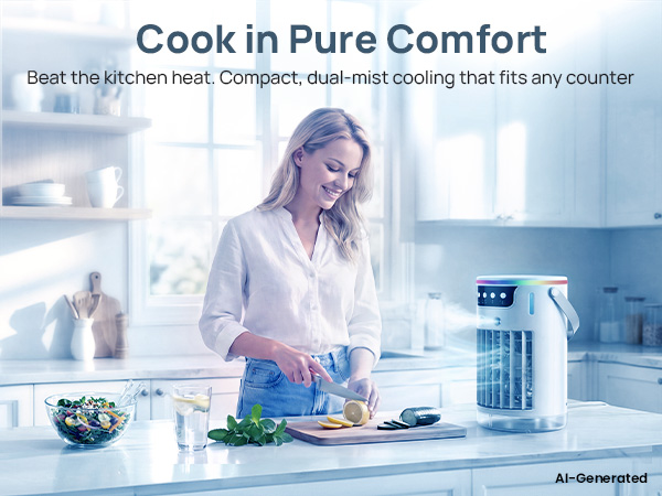 Compact dual-mist personal ac fan to beat kitchen heat on any counter